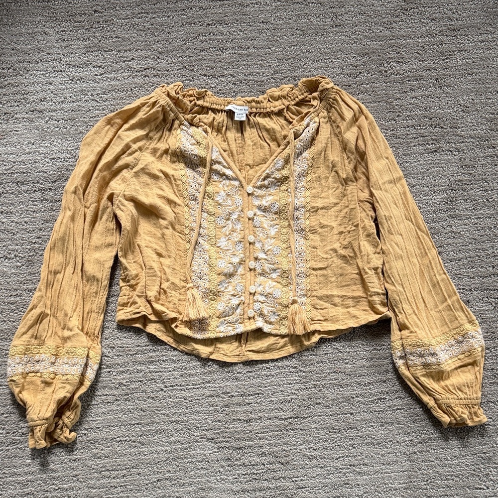 American Eagle Outfitters Mustard Cropped Embroidered Long-Sleeve Blouse - Picture 1 of 5